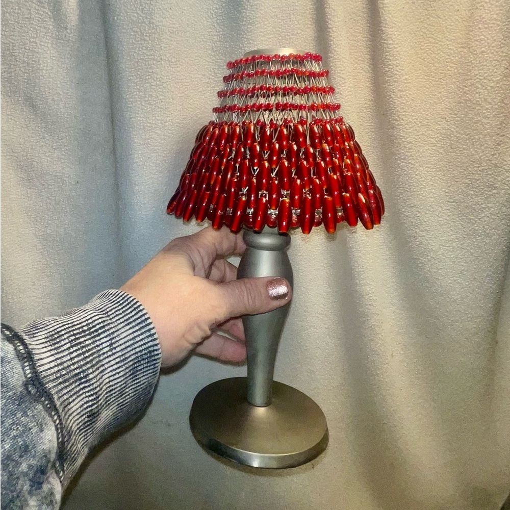 Pottery Barn red glass beaded shade FAIRY LAMP LIGHT.
